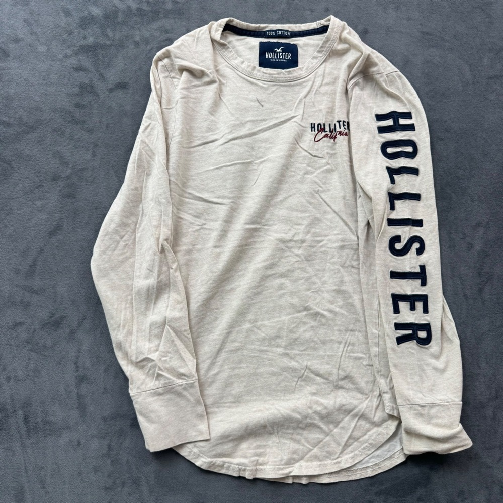 Hollister Mens Long Sleeve Graphic T-Shirt Oatmeal Beige XS Logo Sleeve